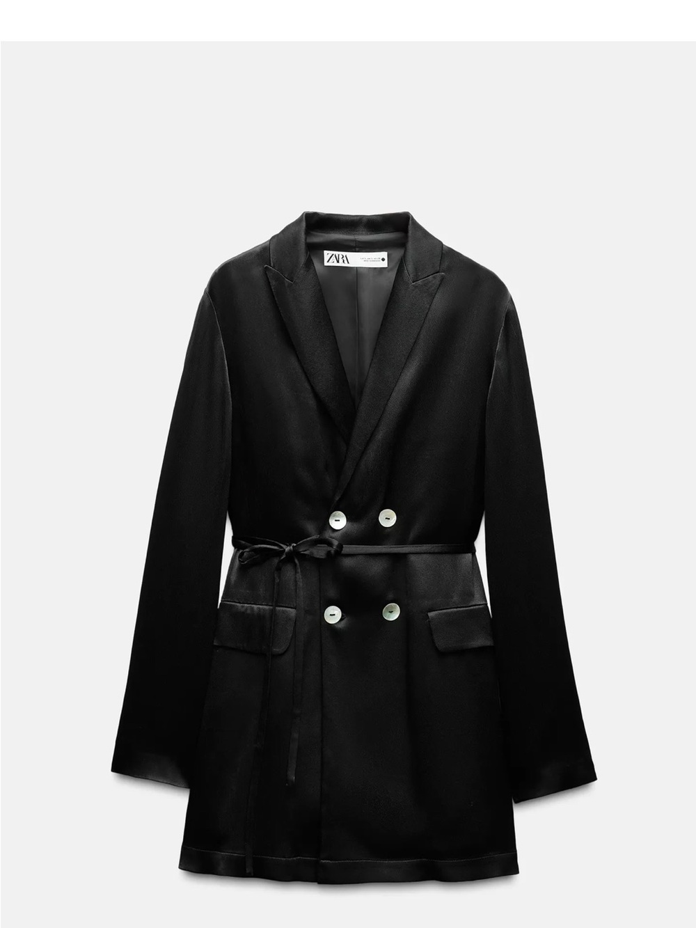Zara Black Satin Double-Breasted Belted Blazer